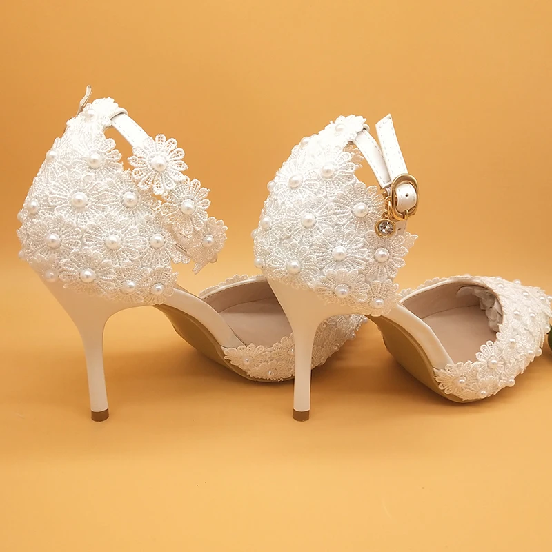 

Fashion Lace Flower Wedding Shoes With Matching Bags High Heels Pointed Toe Ankle Strap Ladies Party shoe and bag set Pearl Shoe