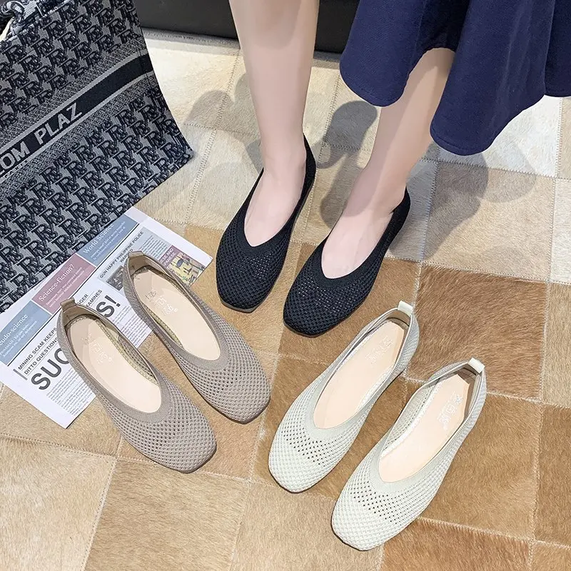 

Square toe women's singles shoes 2021 summer breathable soft sole pregnant women peas shoes fashion knitting pedal lazy shoes