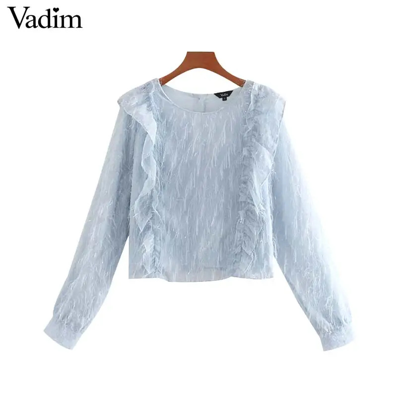 Vadim women chic tassel patchwork crop top ruffles long sleeve back buttons shirts female cute short blouse blusas LB687