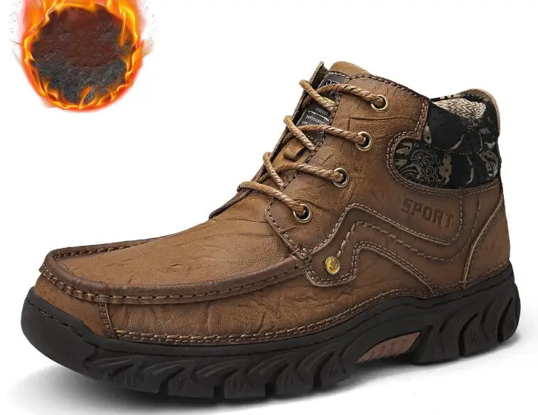 fur plush Big size 48 Genuine Leather Men Warm Plush Boots Winter Waterproof Ankle Boots Riding Boots Outdoor Working Snow Oxfords Shoes - Color: fur plush