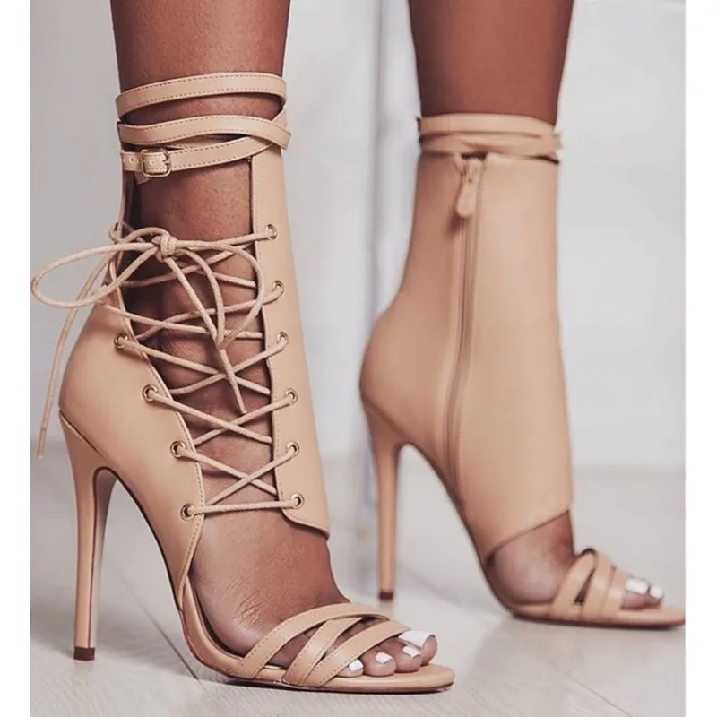 

Женские сексуальные босоножки на высоком каблуке, новинка 2021, бежевые босоножки из искусственной кожи с перекрестной шнуровкой, женская мо...
