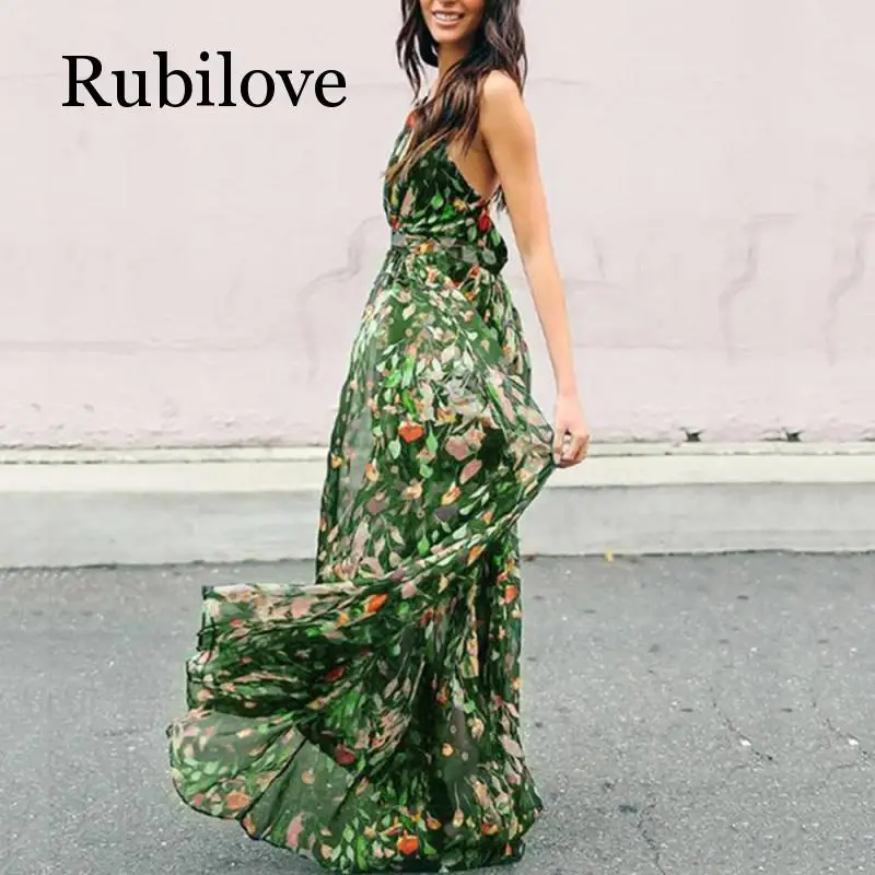 Женское летнее платье макси с V образным вырезом и открытой спиной|Женские