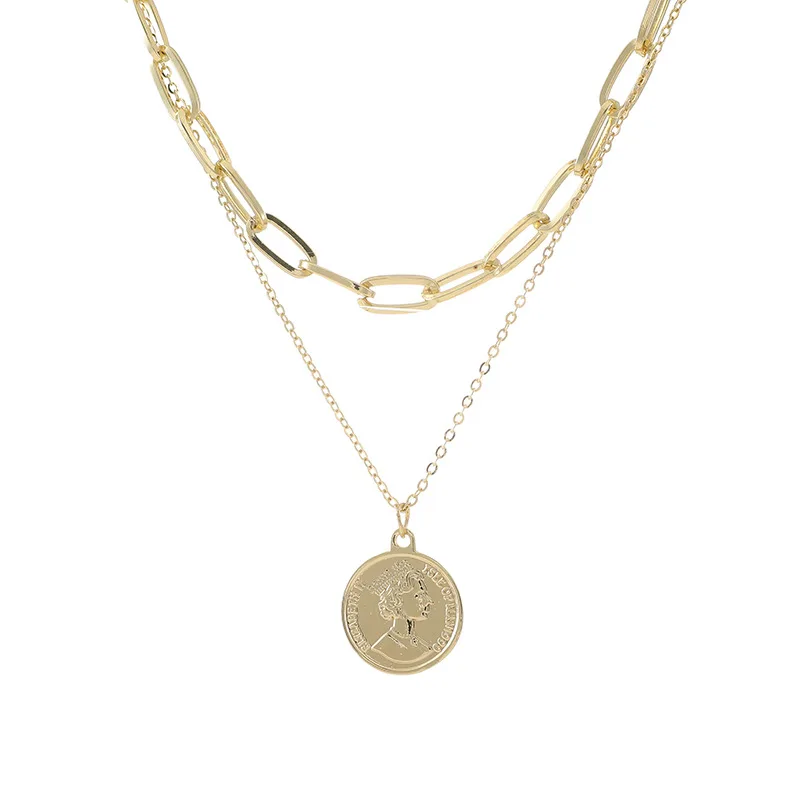 

Color Color Stainless Steel Coin Pendant Necklace For Women Double Layers Thick Chain Necklace Collares De Moda Boho Jewelry