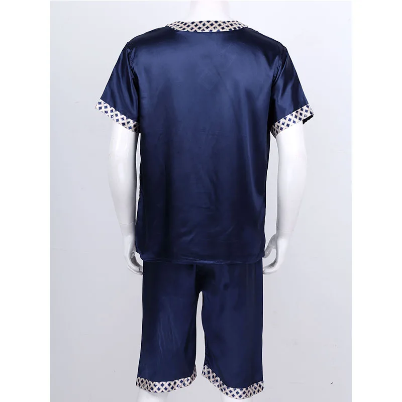 Men Satin Plaid Pajamas Sets V Neck Short Sleeve Pocket T-Shirt Tops with Shorts Leisure Wear Home Clothing Sleepwear Nightwear