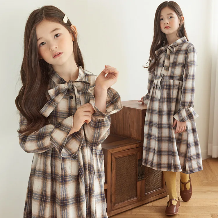 Модный корейский стиль клетчатое милое платье с длинными рукавами для девочек на