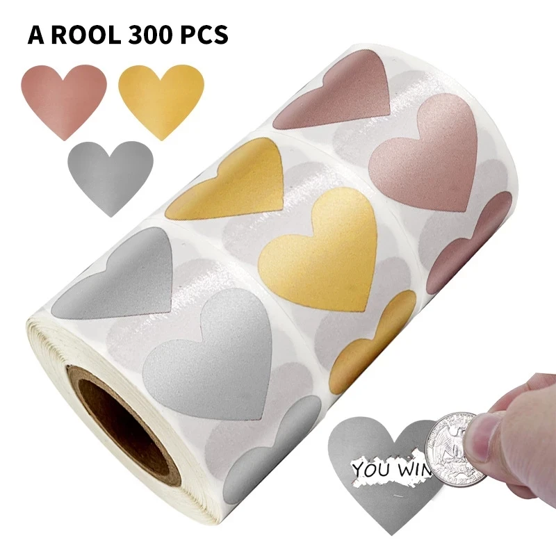 

300pcs/roll Heart Scratch Off Stickers for Game Label Sticker Stamp Envelopes Cards Packages Scrapbooking Stationery Decoration