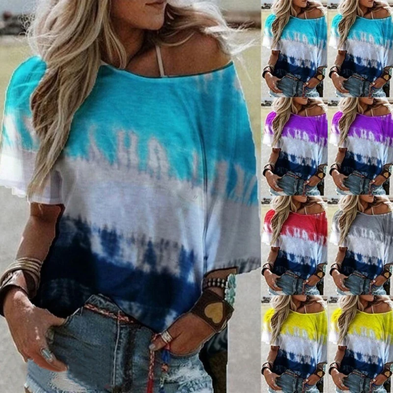 

Womens Tops And Blouses Plus Size Ladies Tops Summer Large Size Off Shouldered Tie-dye Monogrammed Blouse Vintage Tops