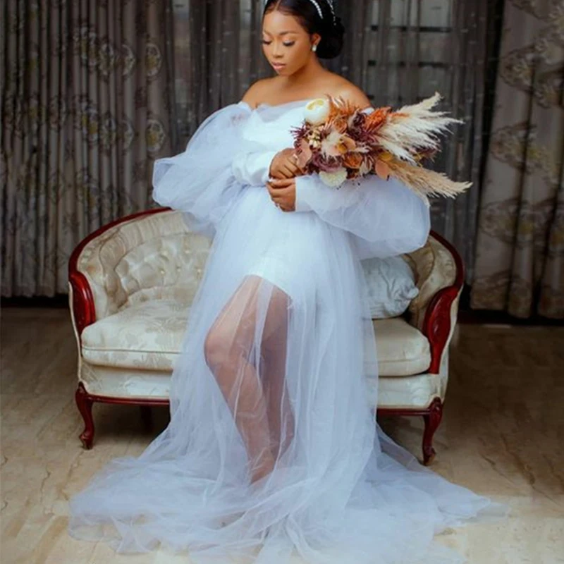 

White Bride Robes for Wedding Off Shoulder Puff Sleeve Sweep Train A Line Illusion Bodice Tulle Bridal Dress Reception Dress