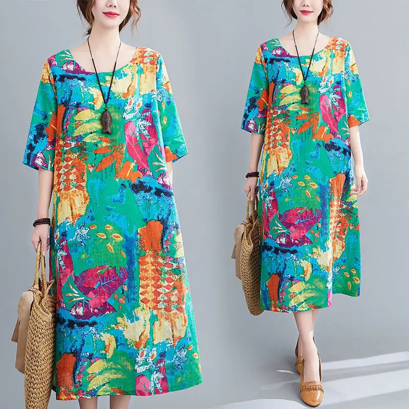 

2021 Women Spring Summer Elegant Print Dresses Female Half Sleeve O-Neck Long A-line Dress Lady Casual Slim Pleated Vestido J102