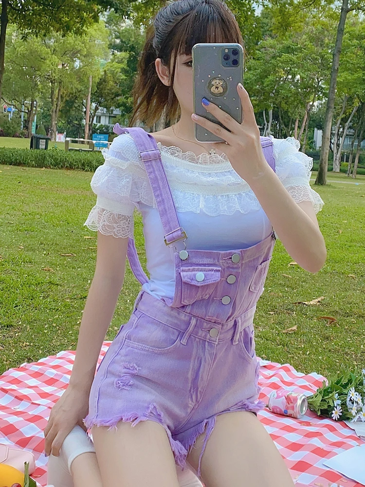 

Women Denim Jumpsuits Playsuits Streetwear Hole Ripped Bandage Jumpsuits for Women Vintage Purple Cotton Jeans Rompers Bodysuit