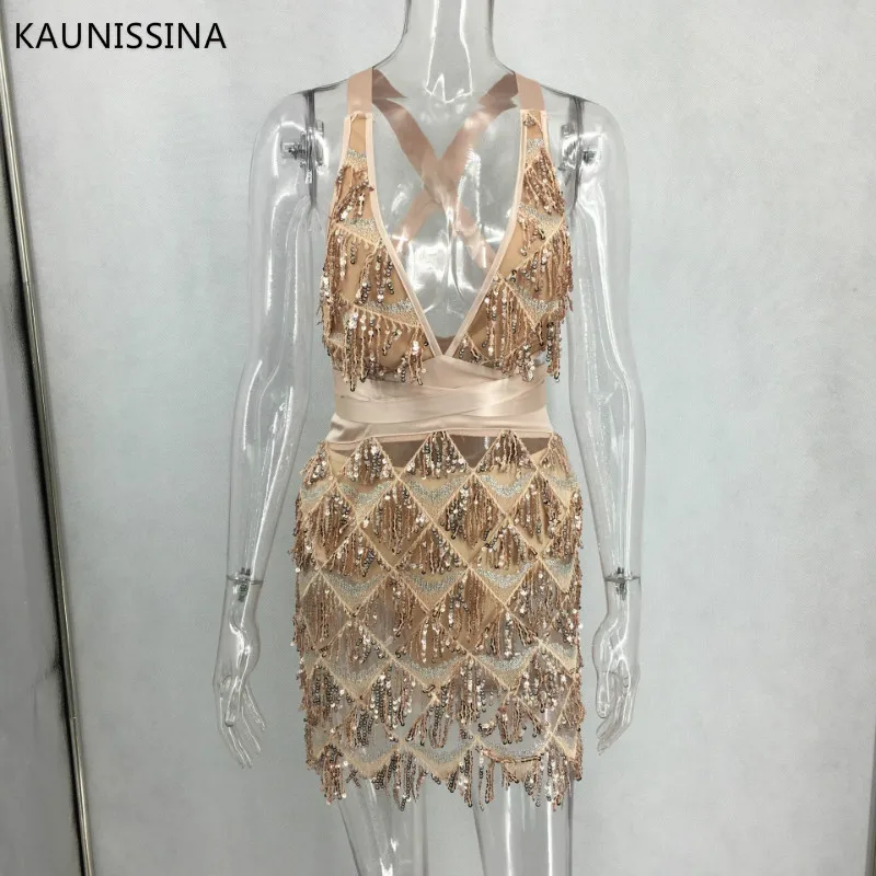 Шампанское KAUNISSINA Блестками Bodycon Коктейльные мини-платья Глубокий v-образный вырез спинки Vestidos вечерние платья Сексуальная клубная женская одежда реальное фото - Цвет: Шампанское