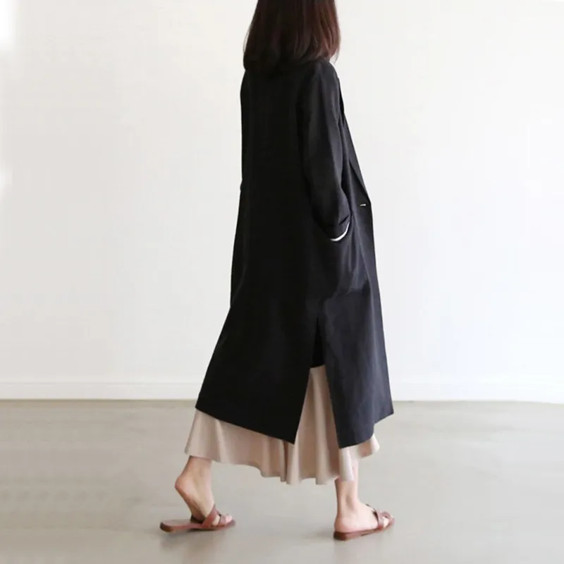 

CBAFU Cotton Linen Long Jackets Women Notched Single Button Sping Coat Big Pockets Loose Vintage Korean Outwear Split Side F701