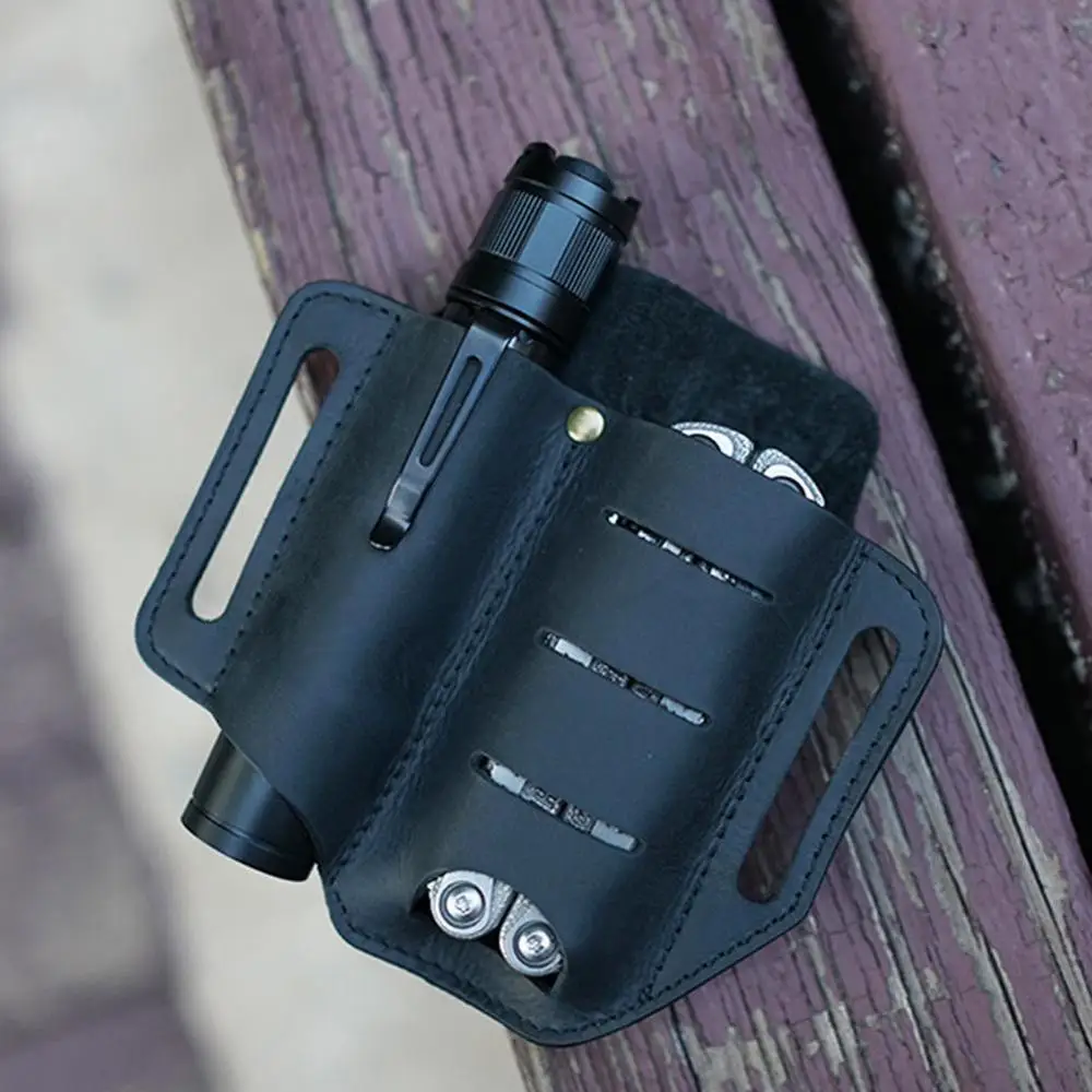 Leather Tool Knife Sheath 2 Pockets Multitools Holder Essentials Organizer Belt Pouch for Pocket Hunt Tactical Pen Flashlight |