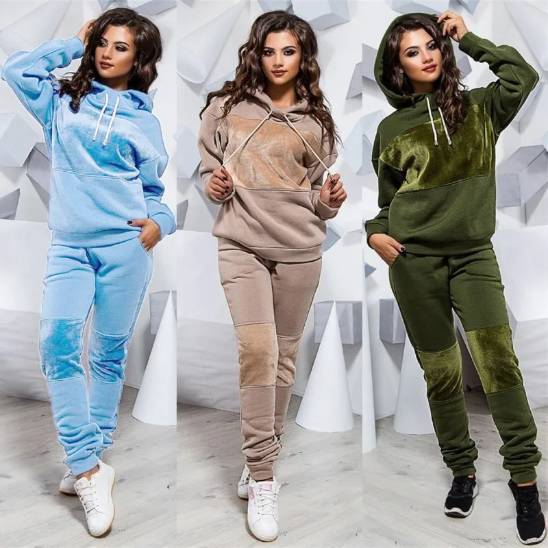 

2020 Spring Autuner New Fashion Hooded Women's Sets Casual Bodycon Solid Fluff Patchwork Long Sleeve Lady Trousers Sets