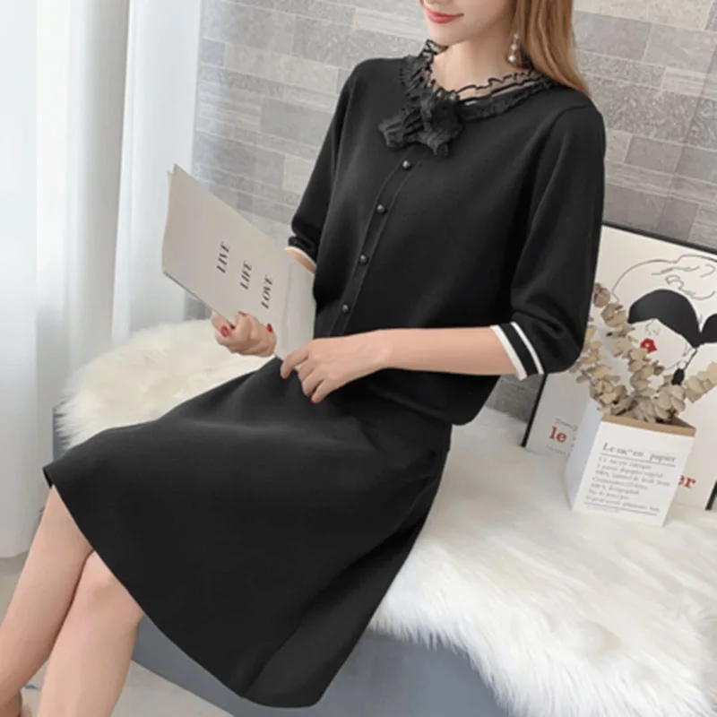 Женский комплект 2 шт. вязаный костюм Ms. Fashion тонкая рубашка вышитый свитер сумка бедра бахрома половина юбка из двух частей женская одежда