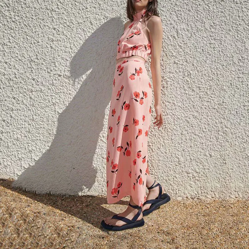 

Women Summer Sweet Suits 2-piece Sets 2021 ZA Short Blouses Tops and Skirts Female Fashion Street Print Clothing