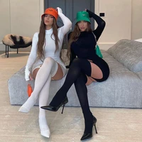 womens solid color long sleeved buckle dress elegant tight fitting breathable sexy stockings two piece dresses set streetwear