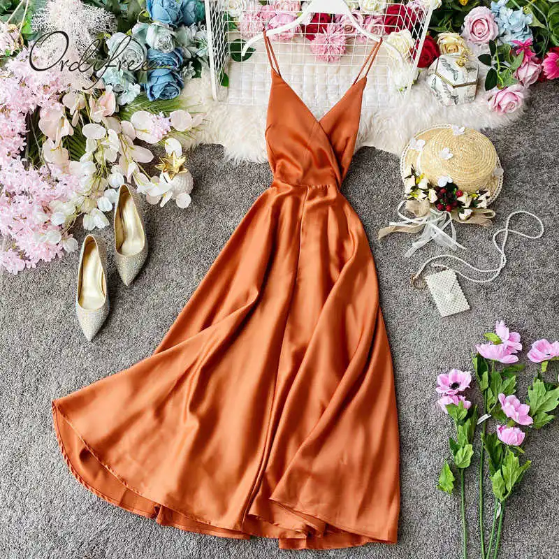 

2021 Summer Women Slip Satin Dress Backless Belted Elegant Vacation Party Midi Dress