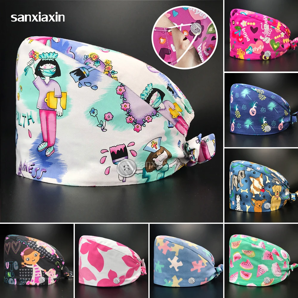 Регулируемая хирургическая шапочка мультяшный цветочный Рисунок животных для