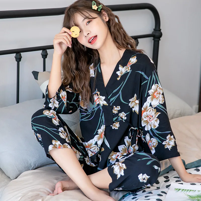 

Pajama Women's Cotton Long Sleeve Spring Summer Autumn Sexy Suspender Long Sleeve Three Piece Japanese Kimono Outside Home Suit