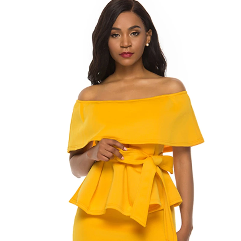 Женский комплект юбка топ с баской блузка открытыми плечами желтый два предмета