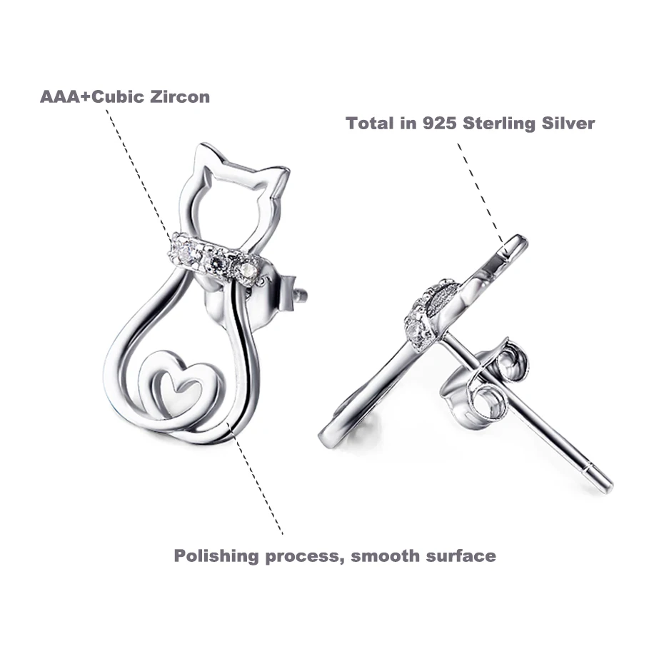 Серьги гвоздики с котом из стерлингового серебра 925 пробы серьги кристаллами