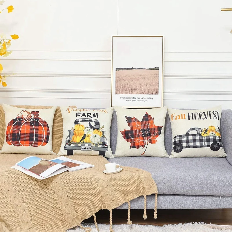 

Fall Decor Pumpkin Maple Leaf Pillow Covers Autumn Theme Fall Harvest Pumpkins Truck Farmhouse Decorative
