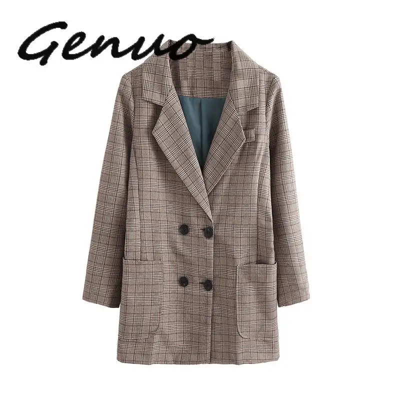Женский блейзер в клетку двубортный Длинный повседневная офисная одежда верхняя