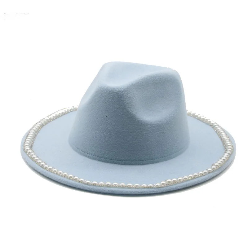 

fedora hats women luxury pearl band handmade women hats blue solid elegant dress formal wedding jazz caps outdoor felted hat men