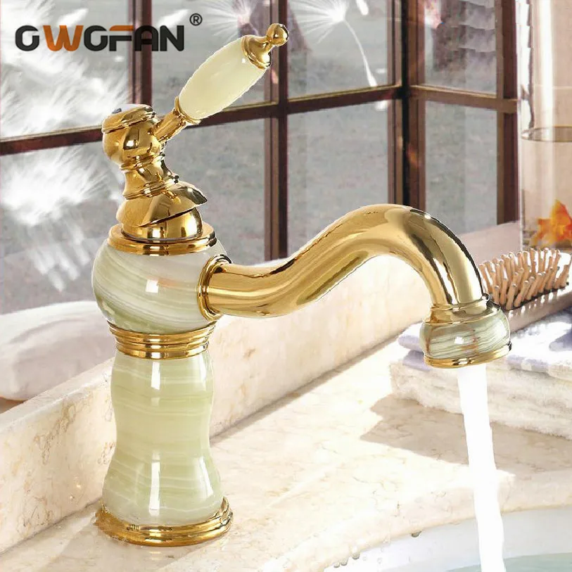 

Basin Faucets Golden Bathroom Sink Taps Classic Jade Gold-plating European Style Brass Deck Mounted Hot and Cold Mixer Tap E-08