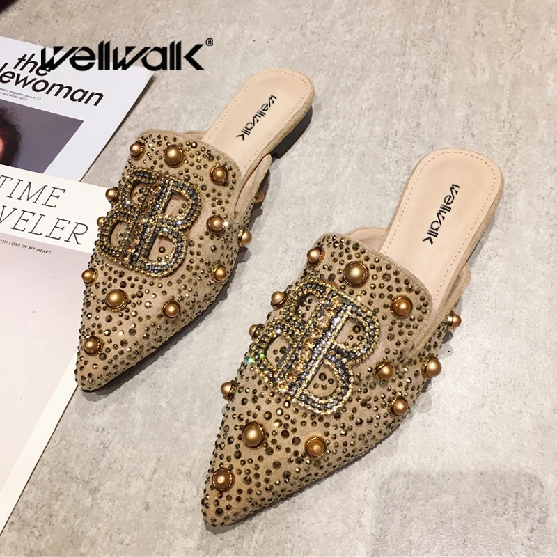 Дизайнерские тапочки Женская обувь на низком каблуке модная с заклепками и