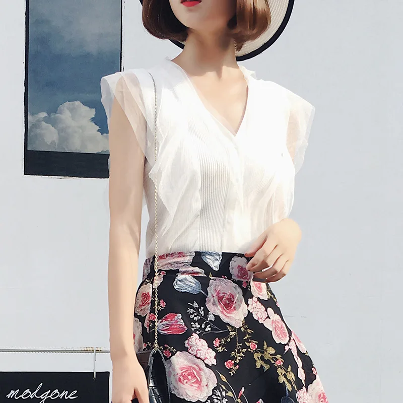 2019 новая женская шифоновая блузка рубашка сетчатая летняя без рукавов стильный