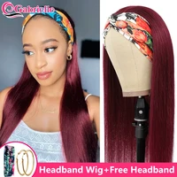 burgundy headband wig human hair brazilian straight 99j half wigs for black women 150 density scarf wig remy hair gabrielle