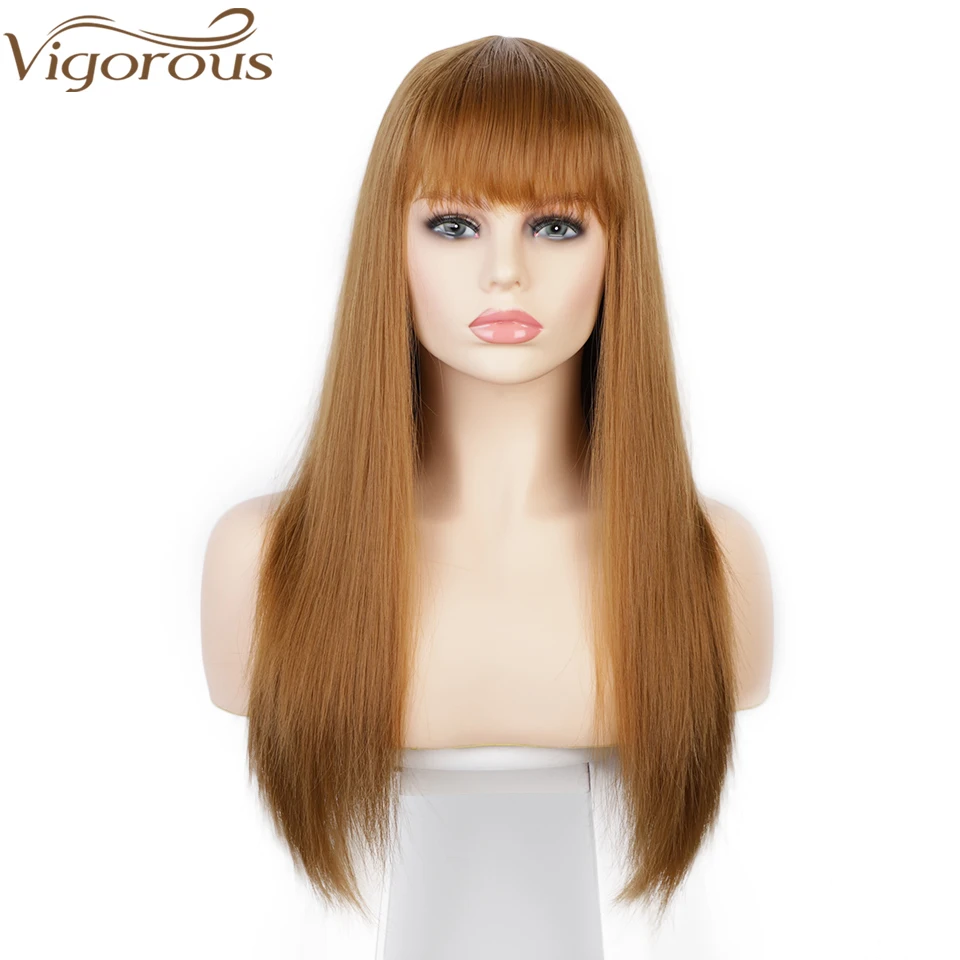 

Vigorous Synthetic Long Straight Wig with Bangs Light Brown Wigs For Women Natural Fake Hair Heat Resistant Fiber