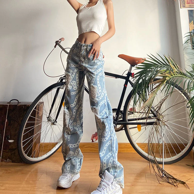 

Узкие брюки XUXI с высокой талией и широкими штанинами, Модные индивидуальные рваные джинсы с принтом цепей, лето 2021, E2943