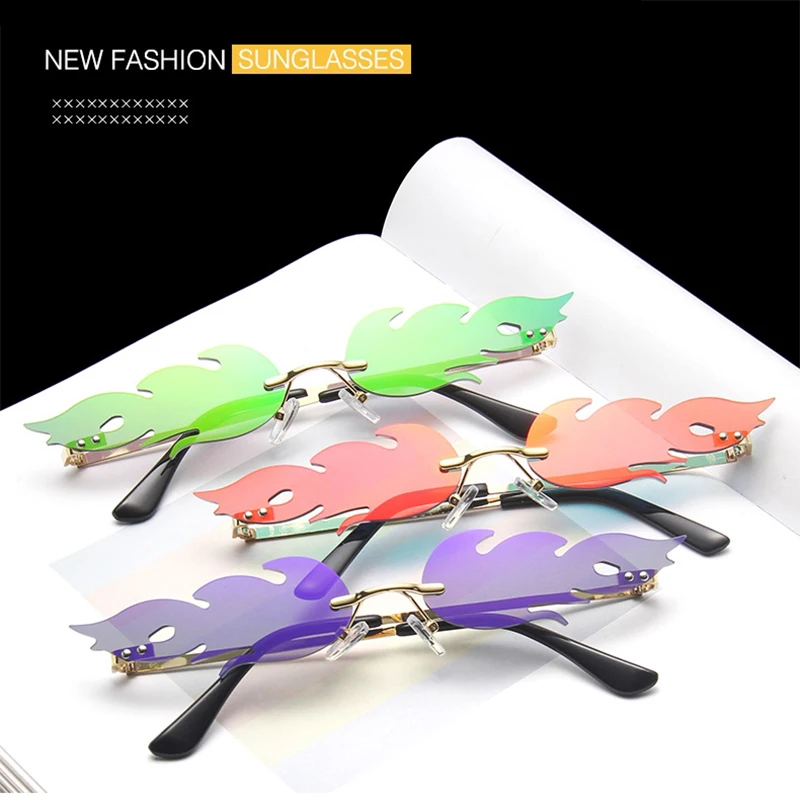

Fashion Personality Rimless Flame Wave Small Sunglasses For Women Luxury Party Beach UV400 Sun Glasses Female Mirror Eyewear