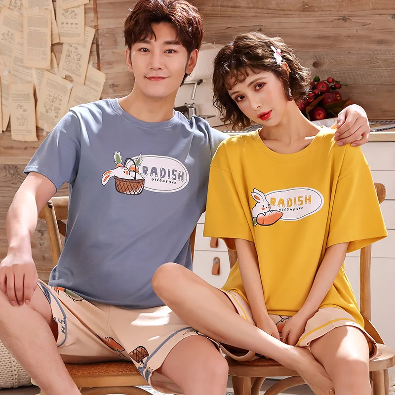

Cotton Lounge Fashion Plaid Shorts Men Women Sleepwear Summer Couple Pajamas Set Cartoon Blue Bread Cat Print Cute Girls Pajamas