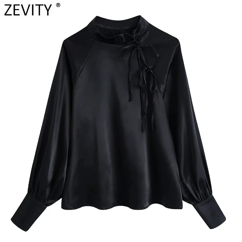 

Новая женская модная черная атласная блузка Zevity с воротником-стойкой и бантом, офисные женские пуловеры, рубашка, рубашка, повседневные топ...