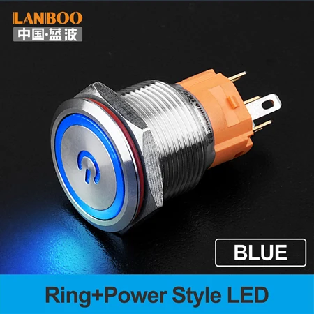 Blue LED Power LANBOO 19 мм плоский символ Led освещенный мгновенный или самоблокирующийся металлический кнопочный переключатель с IP65 - Цвет: Blue LED Power