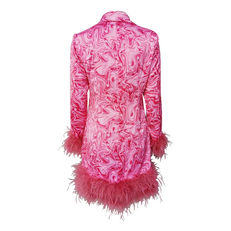 COLOREE Runway Designer Women Mini Dress Elegant Red/Green Ostrich feather Patchwork Dress Vintage Long Sleeve Autumn Dress