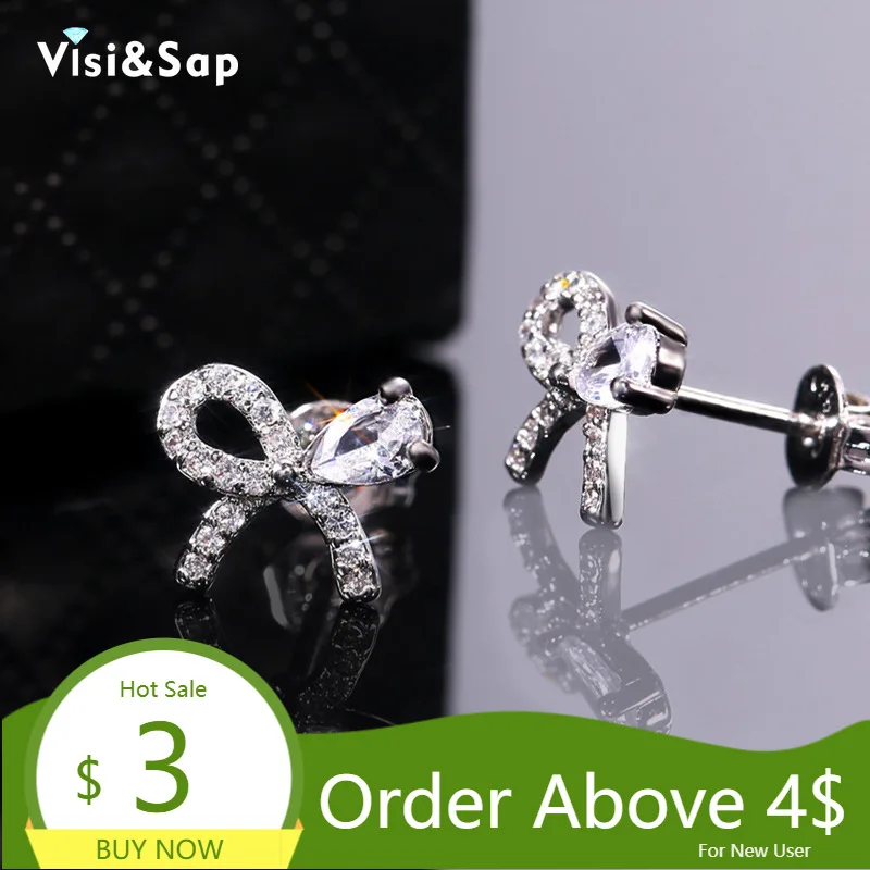 Женские серьги с маленьким бантом Visisap в Корейском стиле инкрустированные