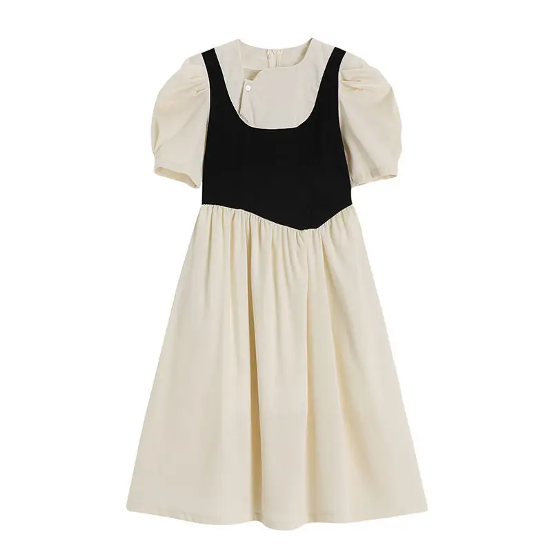 

Sister Fara Fashion Patchwork Summer Women's Dress 2021 O-Neck Short Puff Sleeve Elegant Mid Dress Loose Casual Women's Dresses