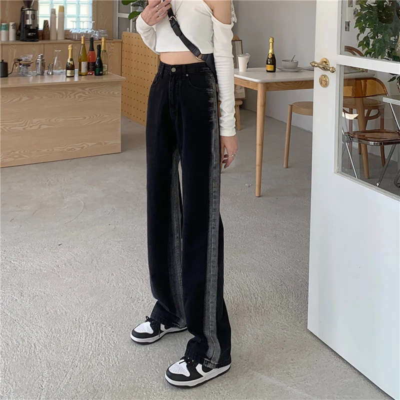 

Women Jeans 2021 Autumn New Korean Fashion Washed Design High-waisted Straight Loose Wide-leg Pants