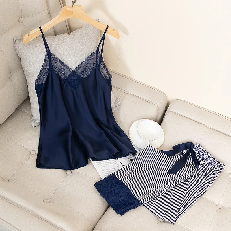 

Silky Satin 2PCS Pajamas Set For Women Sexy Sleepwear Nightwear Loungewear Lace Strap Top&Pant Pijamas Loose Home Clothes