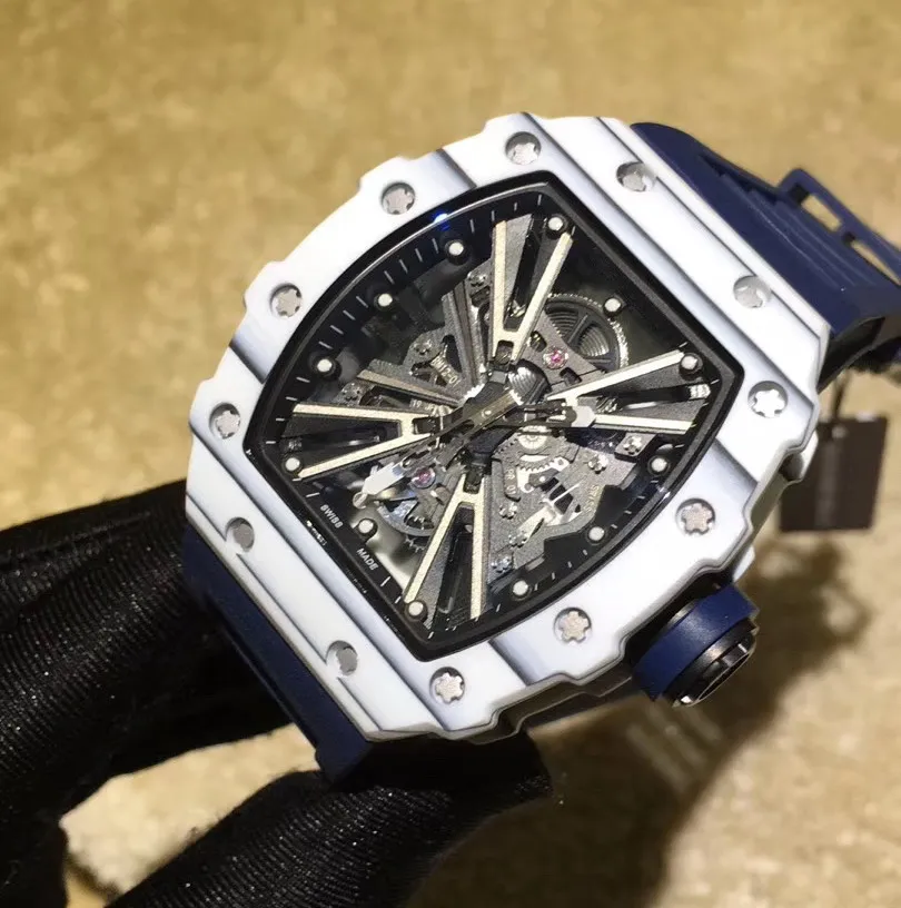 

New Black Red Rubber Men Sapphire Automatic Mechanical Carbon Fiber Skeleton Dial Blue Watches Tourbillon Limited Editions