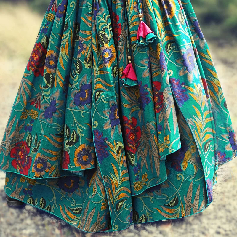 Женские юбки из хлопка и льна с принтом в национальном стиле эластичным поясом