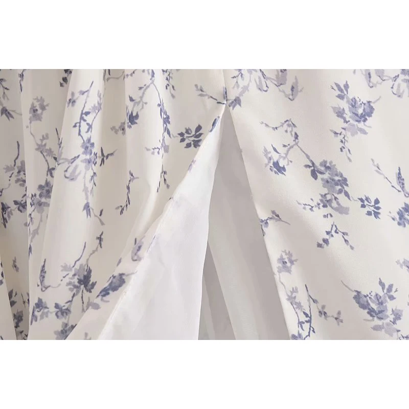 

2021 Women Vintage Floral Printed Side Slit Dress Square Collar Short Puff Sleeves Casual Chic Lady Midi Dresses Woman Robe