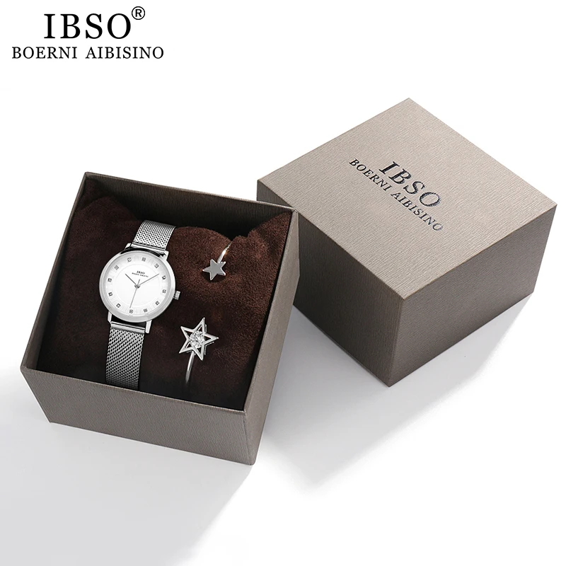 

Женские кварцевые часы IBSO с браслетом с кристаллами, роскошный ремешок из розового золота, дамский браслет, круглые наручные часы, комплект ...
