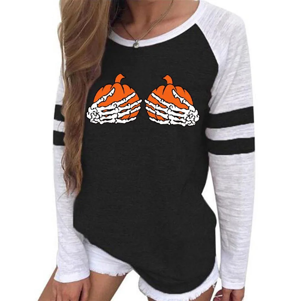 

Autumn Winter Vacation Long-sleeved Round Neck Halloween Personality Contrast Printed Loose T-shirt Slim Fit