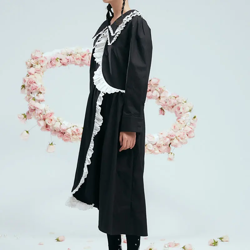 

XITAO Ruffles Patchwork Casual Dress Women Hit Color Fashion New Style Draped Asymmetrical Turn Down Collar Long Sleeve ZY4267